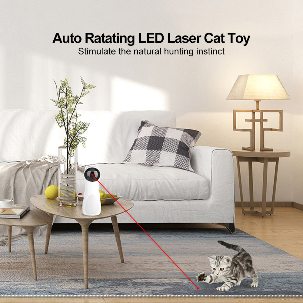 Automatic LED laser cat toy with red beam on white base, cat chasing across living room rug on Tampa Home & Garden Store