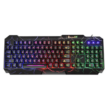 Cracked keyboard USB gaming keyboard with rainbow RGB backlit keys, wired setup on Tampa Home & Garden Store