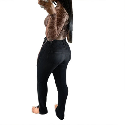 Jeans high-rise slim-fit black denim by FLIPSTYLEZLLC with back pockets on model on Tampa Home & Garden Store