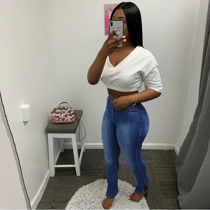 Jeans high-rise slim-fit split-leg blue denim by FLIPSTYLEZLLC, women's fashion on Tampa Home & Garden Store