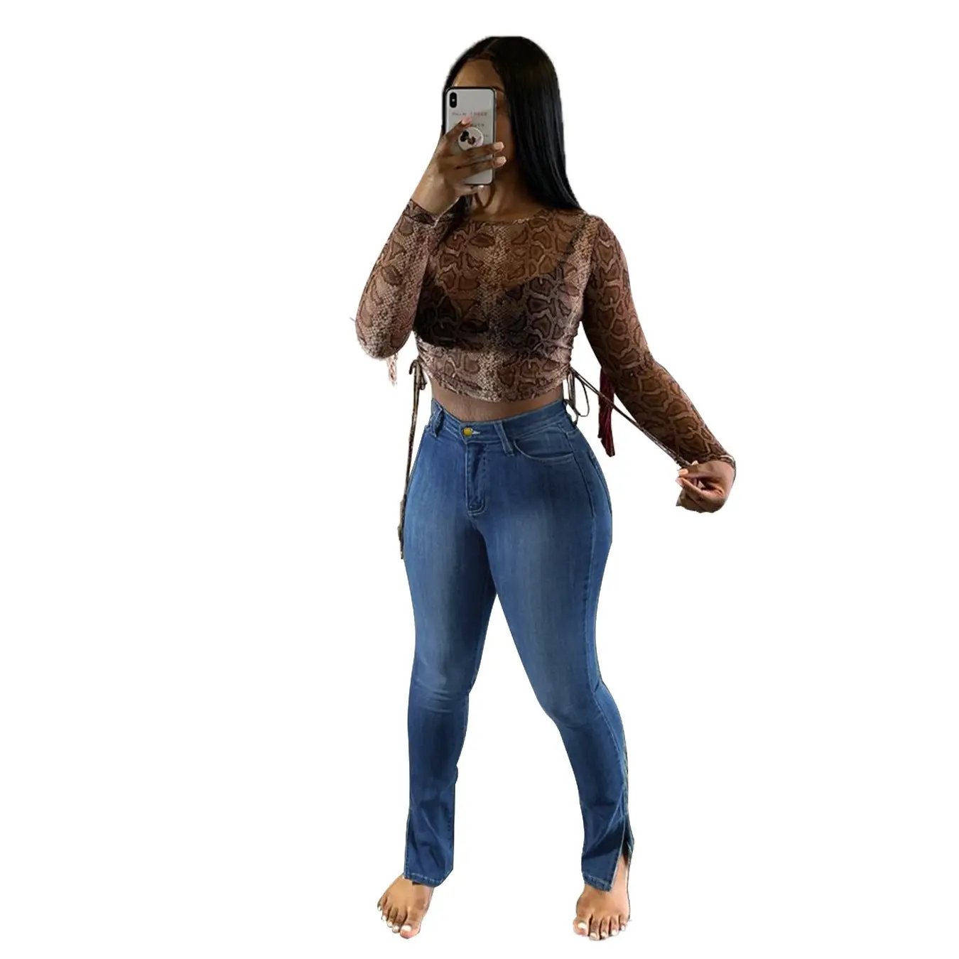 Jeans High-Rise Slim-Fit Split-Leg Pants blue denim with split-hem FLIPSTYLEZLLC on Tampa Home & Garden Store