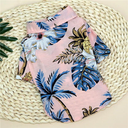 Pet Zen Hawaiian Teddy dog shirt for small pets in pink print with blue palm leaves on Tampa Home & Garden Store
