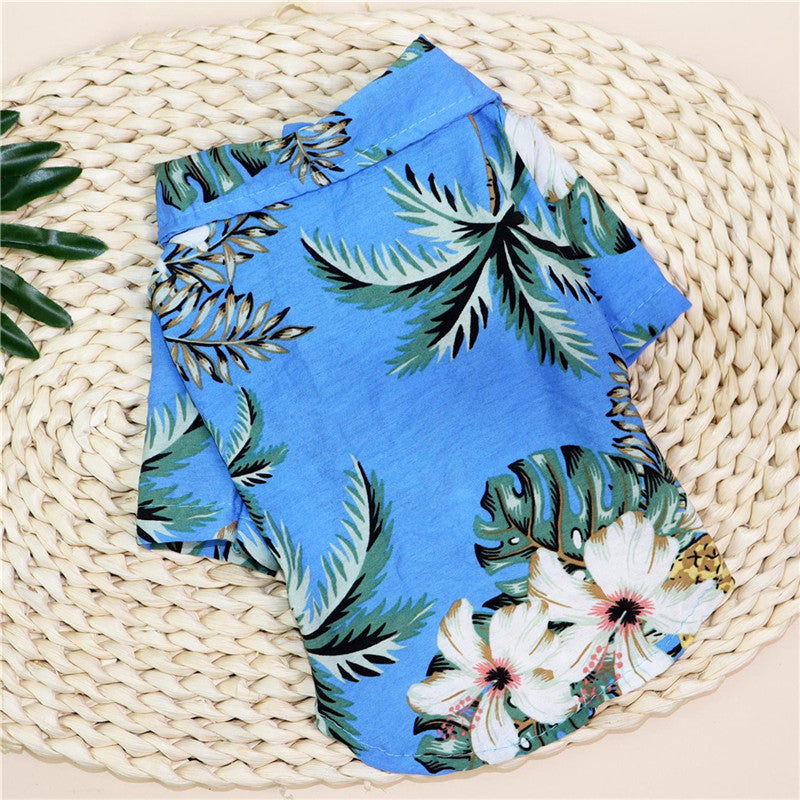 Hawaiian Teddy small dog shirt blue tropical print with hibiscus flowers Pet Zen on Tampa Home & Garden Store