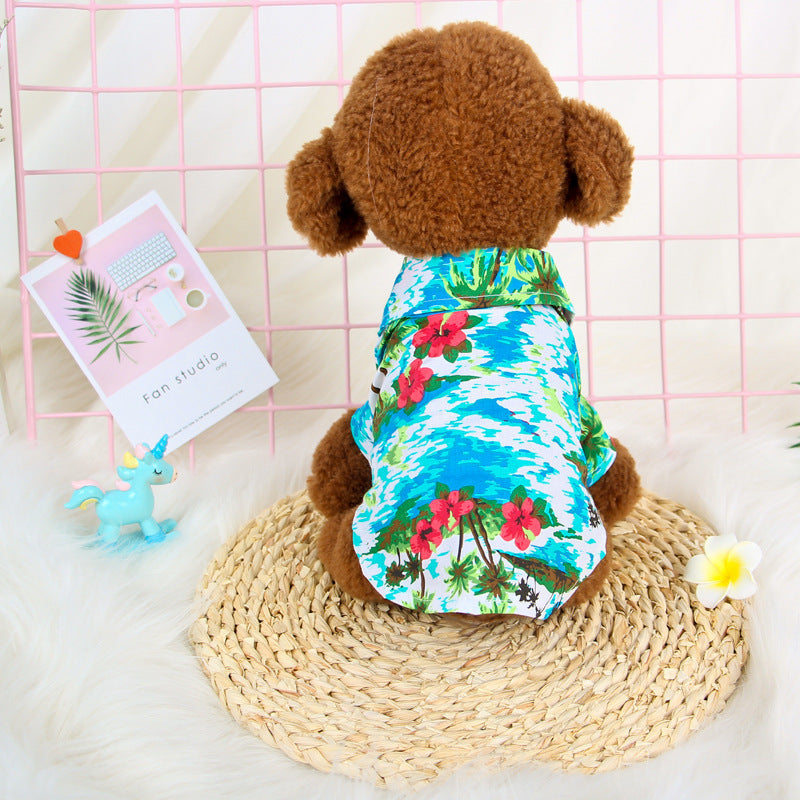 Pet Zen Hawaiian Teddy small dog shirt in blue tropical print with hibiscus palms on Tampa Home & Garden Store