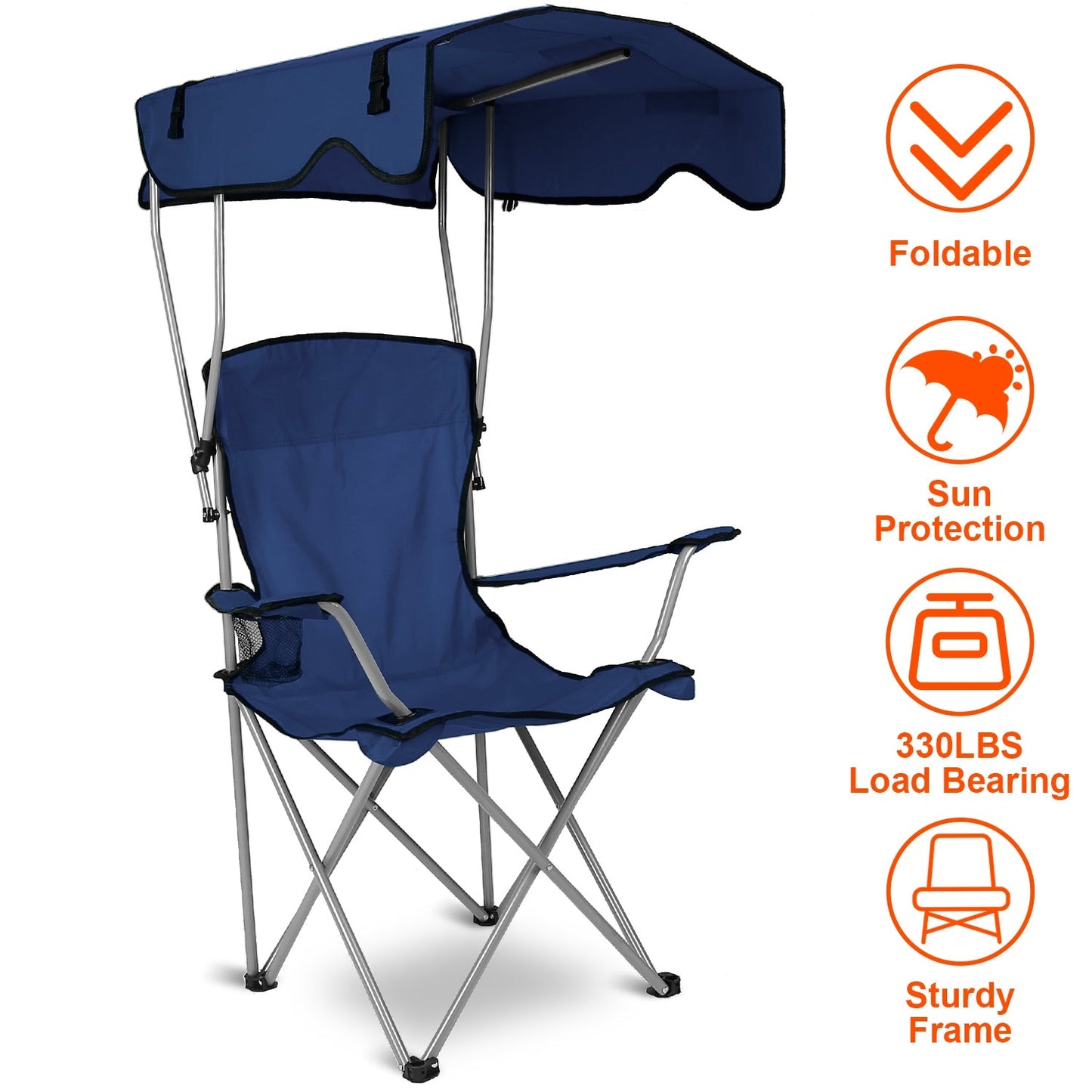 GemGear foldable blue beach canopy chair with sun shade, cup holder and sturdy frame (330 lbs) on Tampa Home & Garden Store