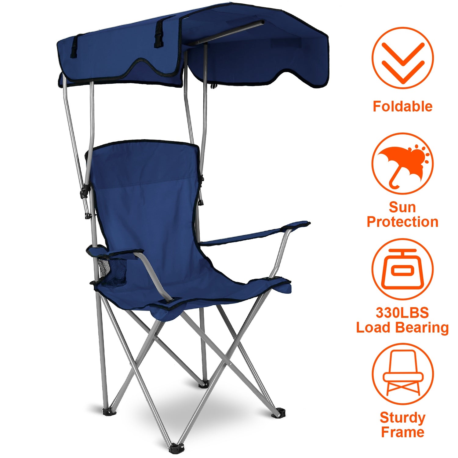 GemGear foldable blue beach canopy chair with sun shade, cup holder and sturdy frame (330 lbs) on Tampa Home & Garden Store