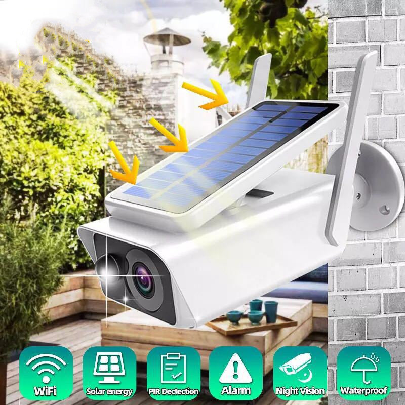 Wireless Wifi Solar Rechargeable Battery Camera outdoor wall-mount white unit with solar panel on Tampa Home & Garden Store