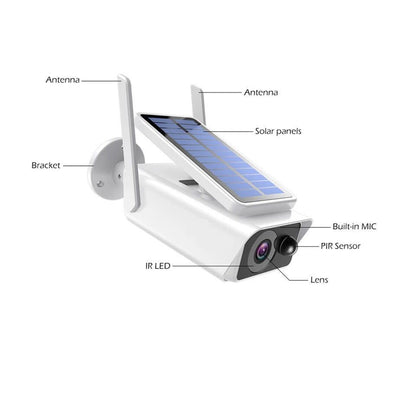 Wireless Wifi Solar Rechargeable Battery Camera with solar panel, white body, wall bracket on Tampa Home & Garden Store