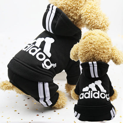 Pet Zen black dog hoodie with white stripes and Adidog logo; two dogs in winter outfits on Tampa Home & Garden Store