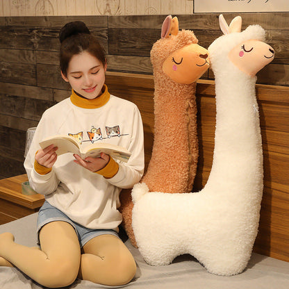 Cute Birthday Gift Girl Sleeping Pillow Large Plush Toy tan llama plushes beside a girl on Tampa Home & Garden Store