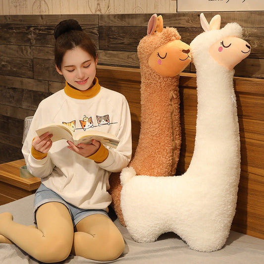 Cute Birthday Gift Girl Sleeping Pillow Large Plush Toy tan llama plushes beside a girl on Tampa Home & Garden Store