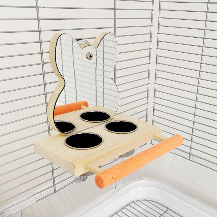 Parrot puzzle bird toy grinding claw stand with four stainless steel food cups and mirror on Tampa Home & Garden Store