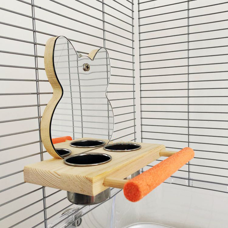 Parrot puzzle bird toy with wooden stand, stainless steel cups, mirror back, orange perches on Tampa Home & Garden Store