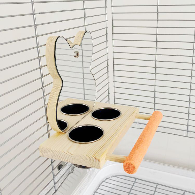 Parrot puzzle bird toy grinding claw stand with four stainless steel food cups and mirror on Tampa Home & Garden Store