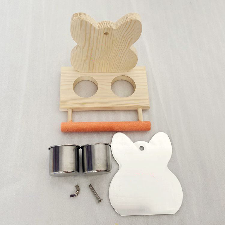 Parrot puzzle bird toy grinding claw stand with two stainless cups, wood and orange roller on Tampa Home & Garden Store