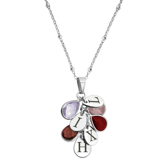 12 birthstone teardrop necklace with tricolor gems and silver charms on a silver chain on Tampa Home & Garden Store