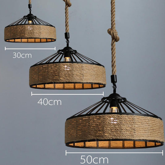 American Country Hemp Rope Restaurant Chandelier Personality Nordic Clothing Store Milk Tea Shop Round Wrought Iron LED Creative Chandelier - Tampa Home & Garden Store