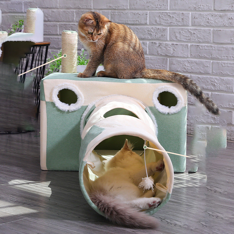 Sell My Stuff cat tunnel with cube cat cave in green cream fabric, plush openings, two cats on Tampa Home & Garden Store