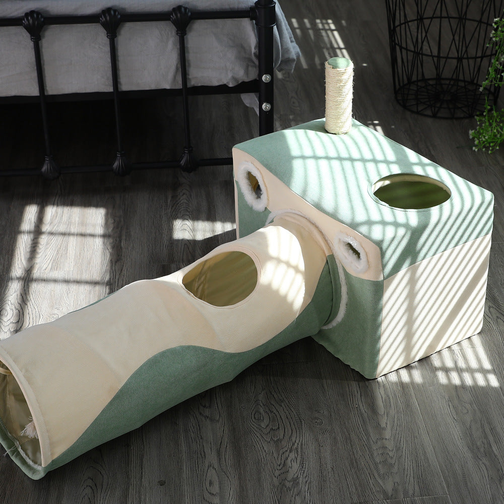 Cat tunnel with cube hideaway in green and beige fabric, top sisal post on Tampa Home & Garden Store