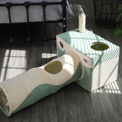 Cat tunnel with cube hideaway in green and beige fabric, top sisal post on Tampa Home & Garden Store