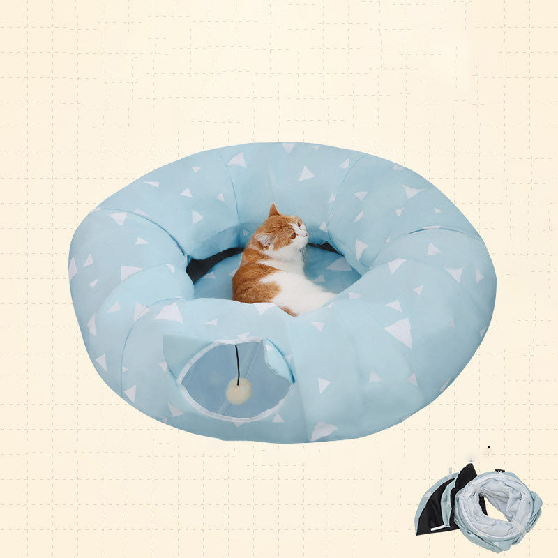 Cat cave bed by Sell My Stuff in light blue with white triangles, circular tunnel, two-pack on Tampa Home & Garden Store