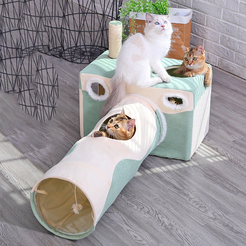 Sell My Stuff Cat Tunnel Playhouse in mint green and cream with cube enclosure and tunnel; cats on Tampa Home & Garden Store