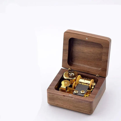 Wooden DIY music box with gold brass gears in a hinged walnut case on Tampa Home & Garden Store