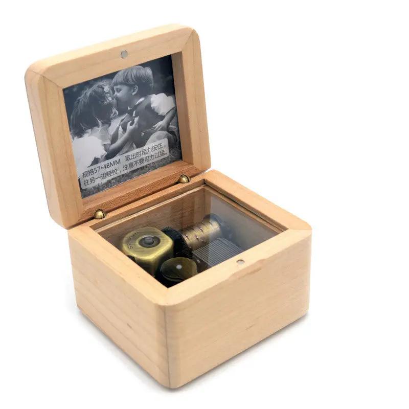 Wooden DIY music box with a photo frame lid, light wood finish and brass wind-up mechanism on Tampa Home & Garden Store