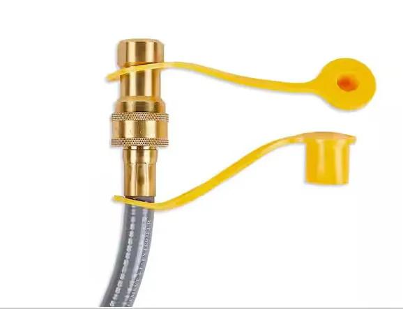 Gas Conversion Kit for fire pits, brass valve with gray hose and yellow cap on Tampa Home & Garden Store