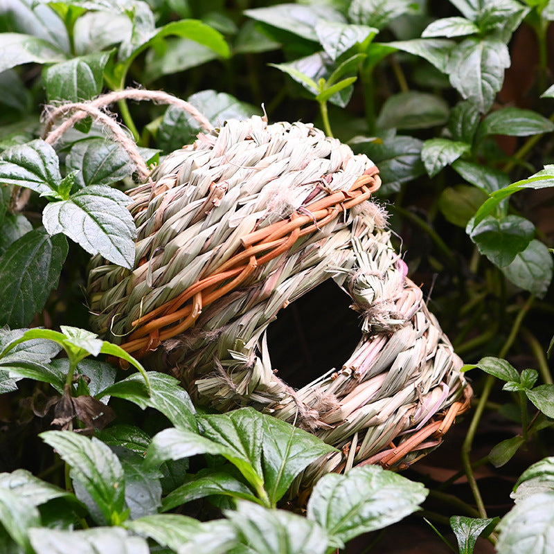 Creative straw birds nest hand-woven decorative bird cage with round entrance in natural beige on Tampa Home & Garden Store