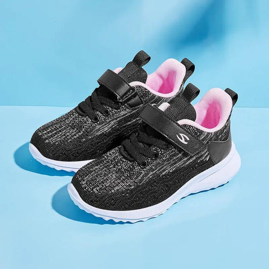 Kids' black knit sneakers with pink lining, white sole, Velcro strap, FLIPSTYLEZLLC pair on Tampa Home & Garden Store