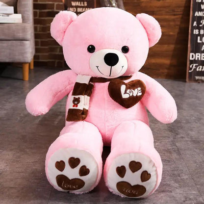 Pink plush bear by FLIPSTYLEZLLC with brown scarf and heart Love patch on Tampa Home & Garden Store