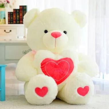 Love Bear plush teddy holding red heart, white fleece with heart paw accents, FLIPSTYLEZLLC on Tampa Home & Garden Store