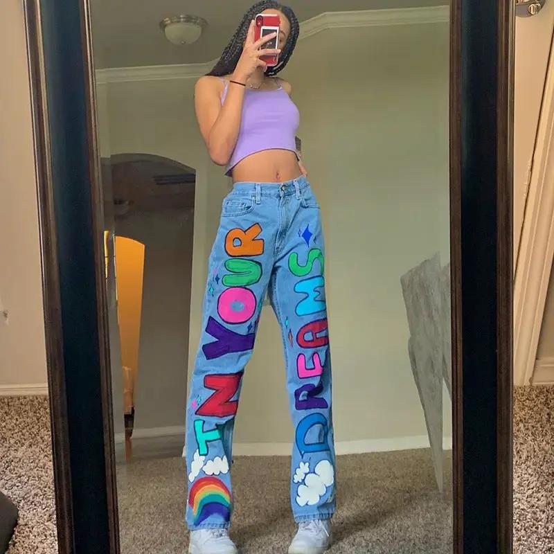 Sexy Contrast Color Letters Graffiti Print Loose Jeans light-wash denim with colorful letters on Tampa Home & Garden Store