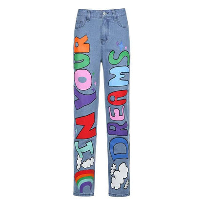 Graffiti print jeans with multicolor letters down legs by FLIPSTYLEZLLC on Tampa Home & Garden Store