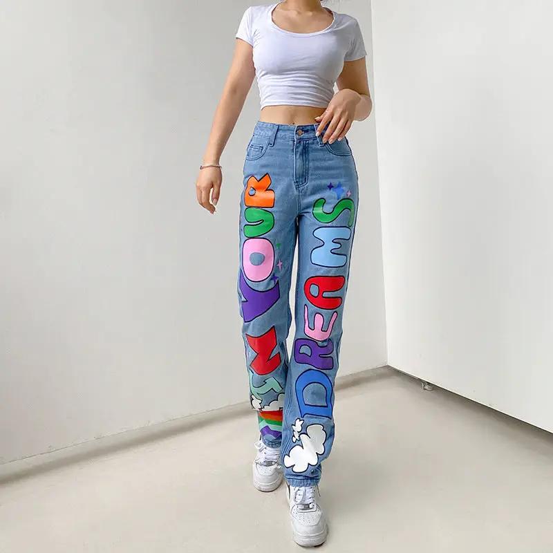 Sexy Contrast Color Letters Graffiti Print Loose Jeans light blue denim FLIPSTYLEZLLC on Tampa Home & Garden Store