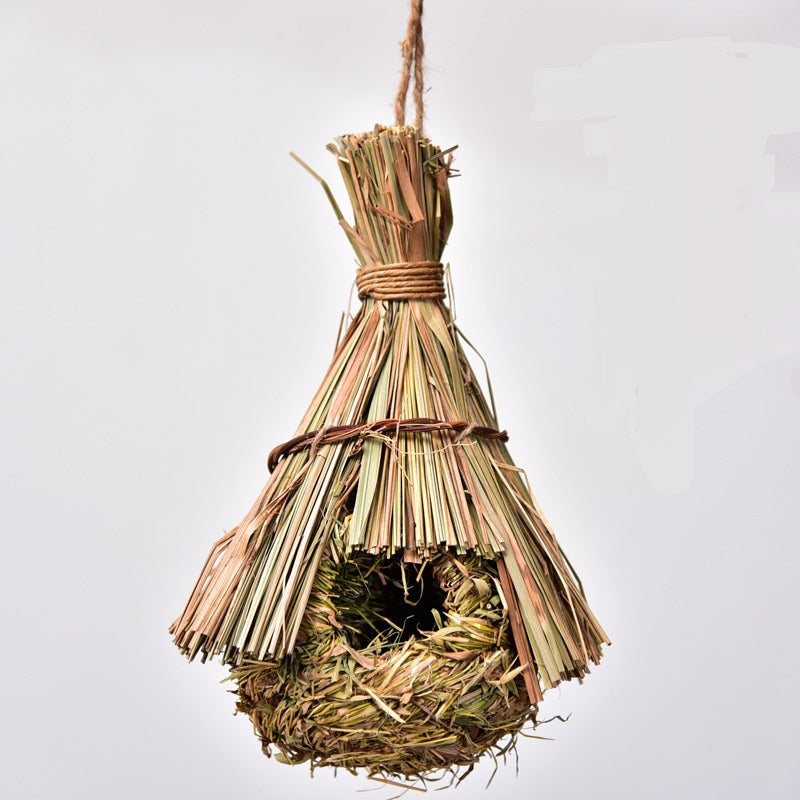Hand-knitted bird nest decoration with straw fibers hanging from twine by Sell My Stuff on Tampa Home & Garden Store