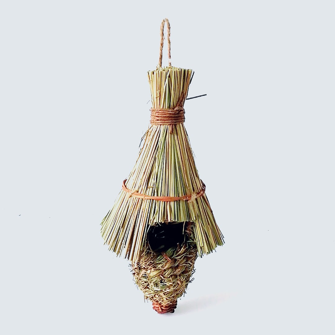 Hand-knitted garden bird nest ornament, straw-woven hanging decoration with twine wrap on Tampa Home & Garden Store