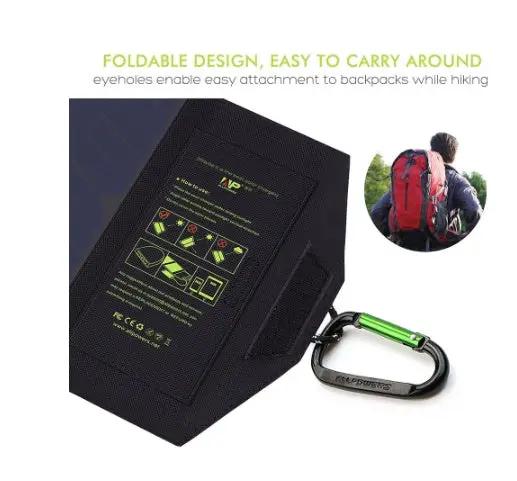 ALLPOWERS foldable solar charger with carabiner, black fabric panel, dual USB output on Tampa Home & Garden Store