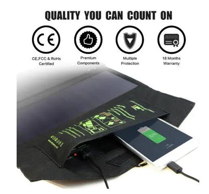Portable solar charger ALLPOWERS 5V21W with USB ports charging a phone in a black pouch on Tampa Home & Garden Store