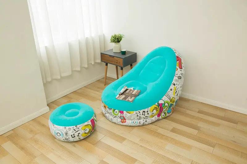 Turquoise inflatable bean bag chair with graffiti-print base and round ottoman, 2-piece set on Tampa Home & Garden Store