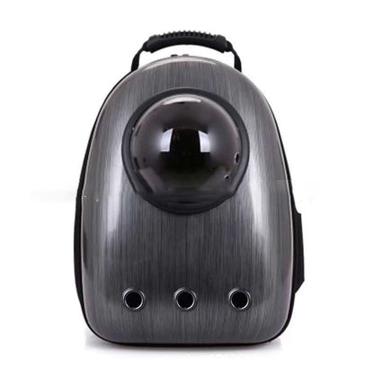 Pet carrier backpack with front bubble window, brushed metallic gray finish, 3 ventilation holes on Tampa Home & Garden Store