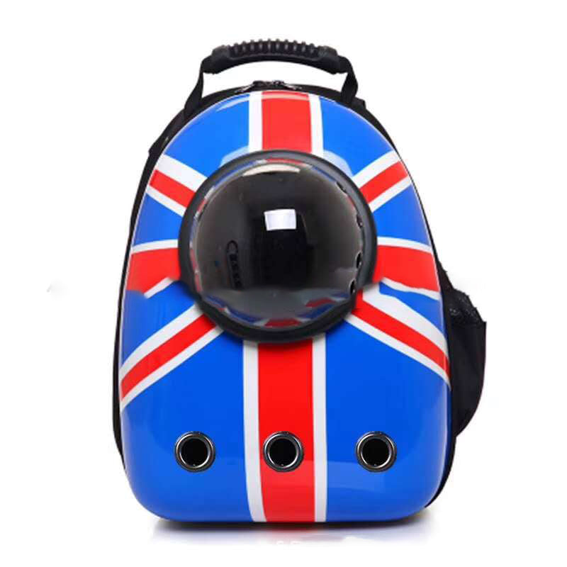 Pet Zen Portable Space Bag backpack in Union Jack blue with bubble window and vent holes on Tampa Home & Garden Store
