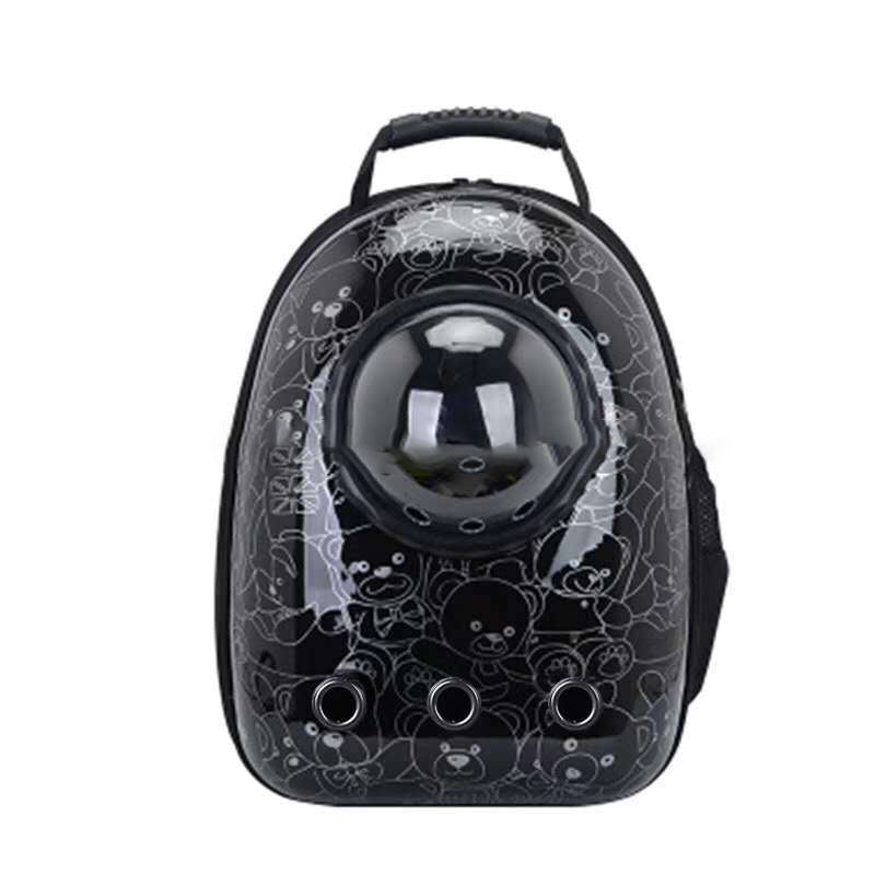 Pet Zen pet backpack carrier with clear bubble dome and panda-pattern black fabric, ventilation vents on Tampa Home & Garden Store