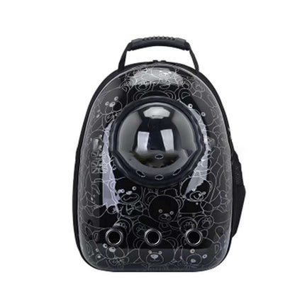 Pet Zen pet backpack carrier with clear bubble dome and panda-pattern black fabric, ventilation vents on Tampa Home & Garden Store