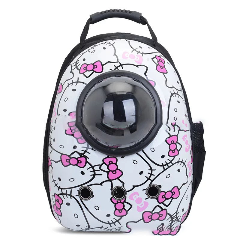 Pet carrier backpack white Hello Kitty print with front bubble window and side mesh pocket on Tampa Home & Garden Store