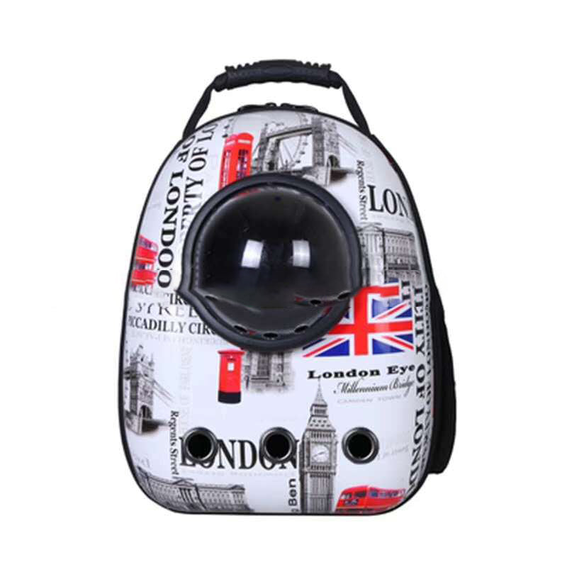 Pet Zen London-themed pet backpack carrier with black bubble window and London print on Tampa Home & Garden Store
