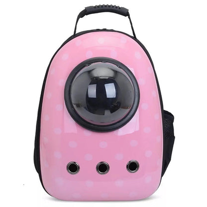 Pet Zen pink space bag backpack for cats and dogs with clear bubble window and polka dot pattern on Tampa Home & Garden Store