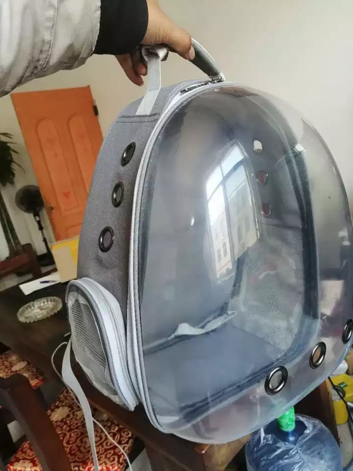 Pet Zen portable pet backpack with clear bubble dome, grey fabric, top handle on Tampa Home & Garden Store