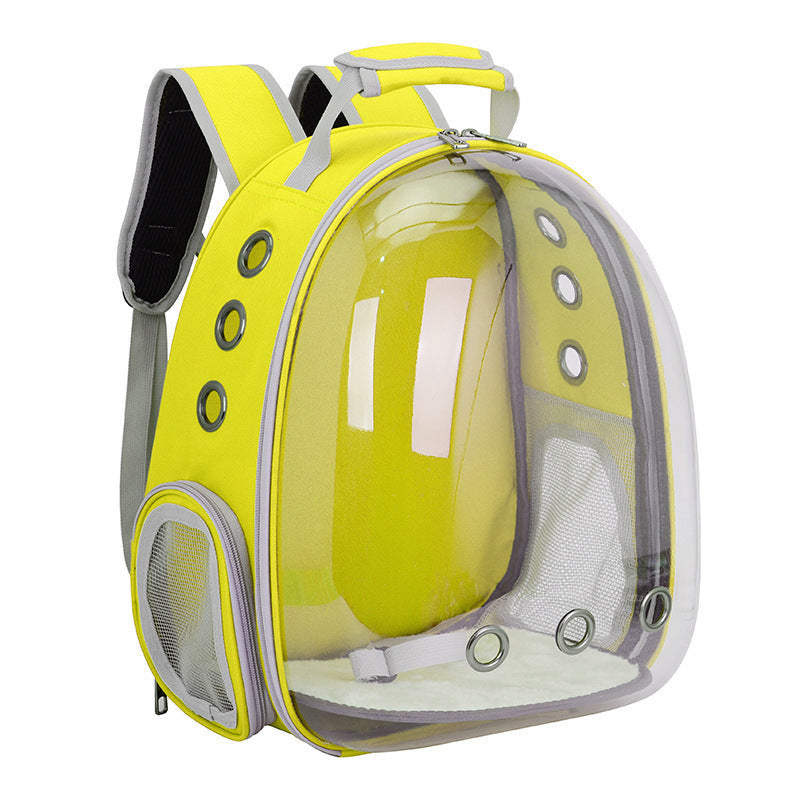 Yellow pet carrier backpack with clear bubble dome for cats or small dogs, mesh side panels on Tampa Home & Garden Store